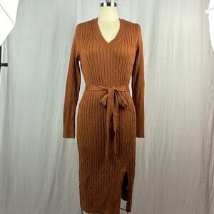 MEROKEETY V-Neck Cable Knit Sweater Dress with Belt and Slit